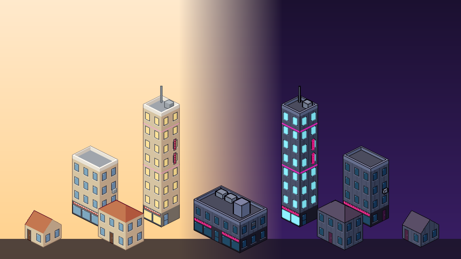 Isometric buildings generated by IbBiGi, in a modern and a cyberpunk theme